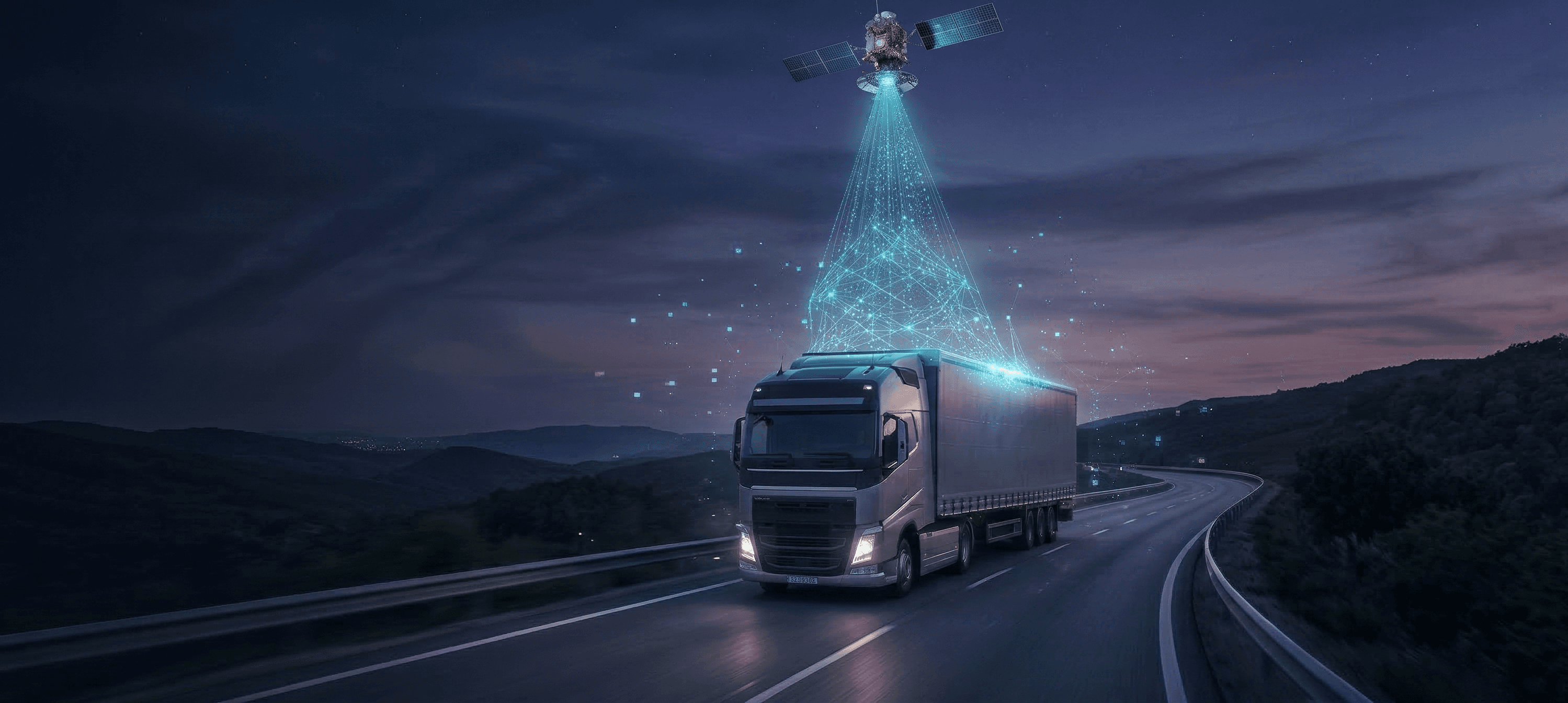 Cinematic wide shot of a high-tech semi-truck on highway with glowing data beam
